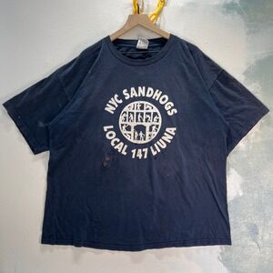 VTG Union Made Sandhogs‎ Local 147 T-Shirt Mens 2XL NYC Liuna Navy THRASHED USA